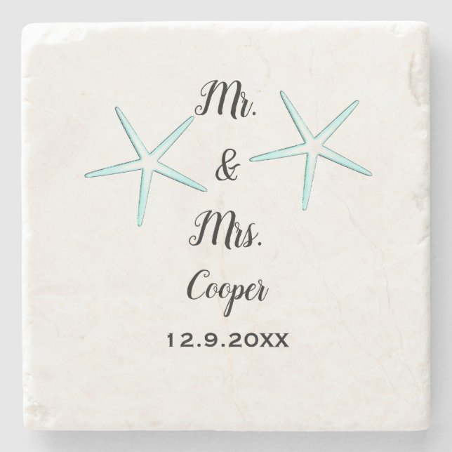 Starfish Custom Couple Name Beach Wedding Trendy Stone Coaster (Front)