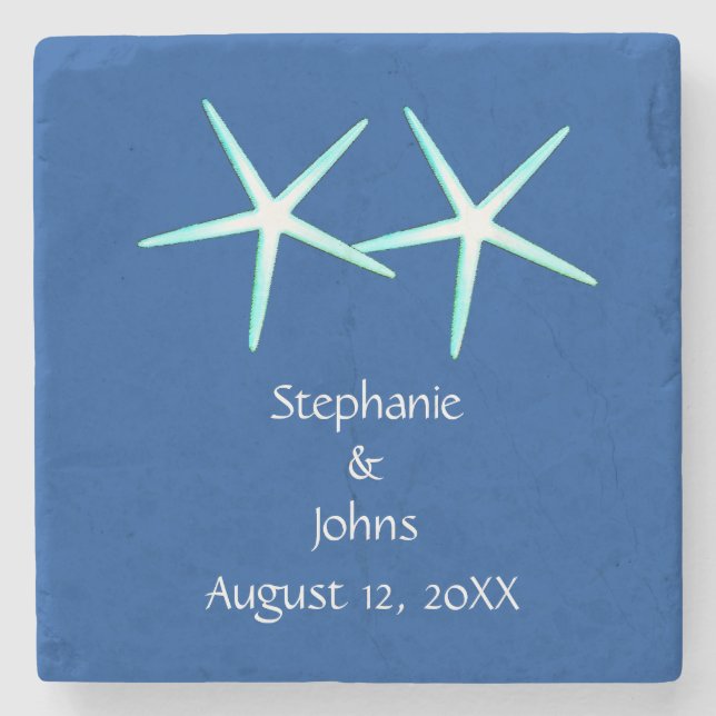 Starfish Cute Couple Blue White Nautical Weddings Stone Coaster (Front)