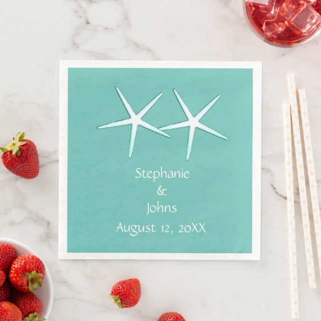 Starfish Cute Couple Teal Blue Modern 2021 Wedding Napkin (Insitu)