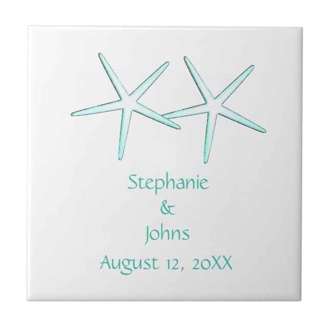 Starfish Cute Couple Teal Blue White 2022 Weddings Tile (Front)