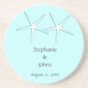 Starfish Cute Couple Teal White Gift Favour Weddin Coaster