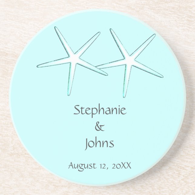 Starfish Cute Couple Teal White Gift Favour Weddin Coaster (Front)