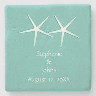 Starfish Cute Couple Teal White Nautical Weddings Stone Coaster