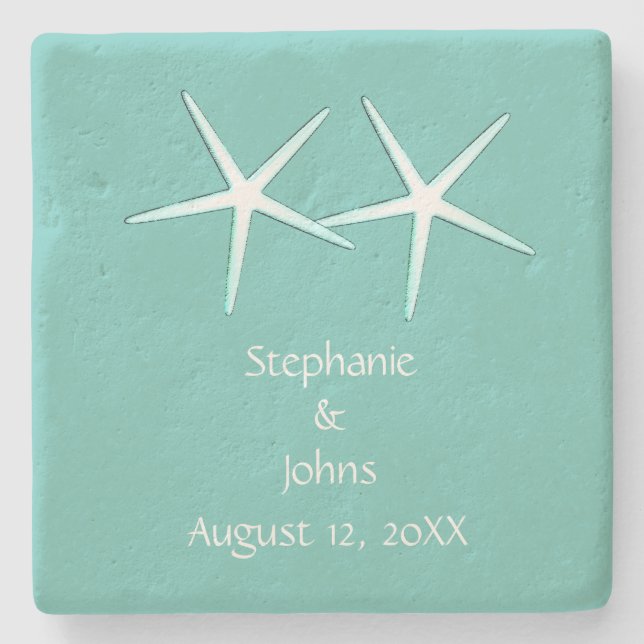 Starfish Cute Couple Teal White Nautical Weddings  Stone Coaster (Front)