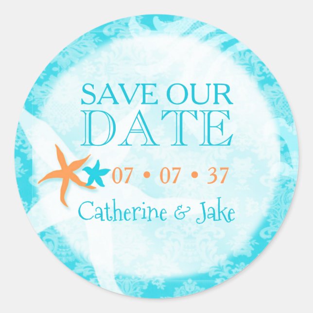 Starfish Dream Beach Wedding Save the Date Classic Round Sticker (Front)
