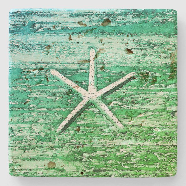 Starfish Driftwood Rustic Nautical Blue Green Stone Coaster (Front)