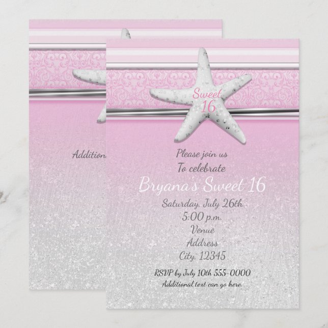 Starfish Elegant Beach Pink Sweet 16 Invitations (Front/Back)