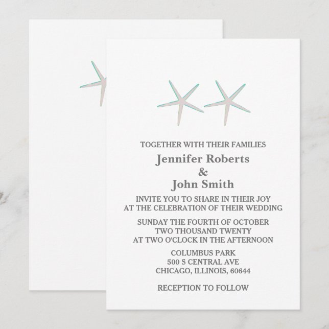 Starfish Elegant Grey Teal White Nautical Wedding Invitation (Front/Back)