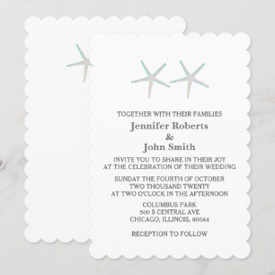 Starfish Elegant Nautical Grey Teal White Wedding Invitation