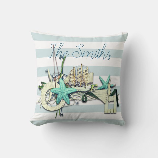 Starfish, Fishing Net & Tall Ship Nautical Cushion (Front)