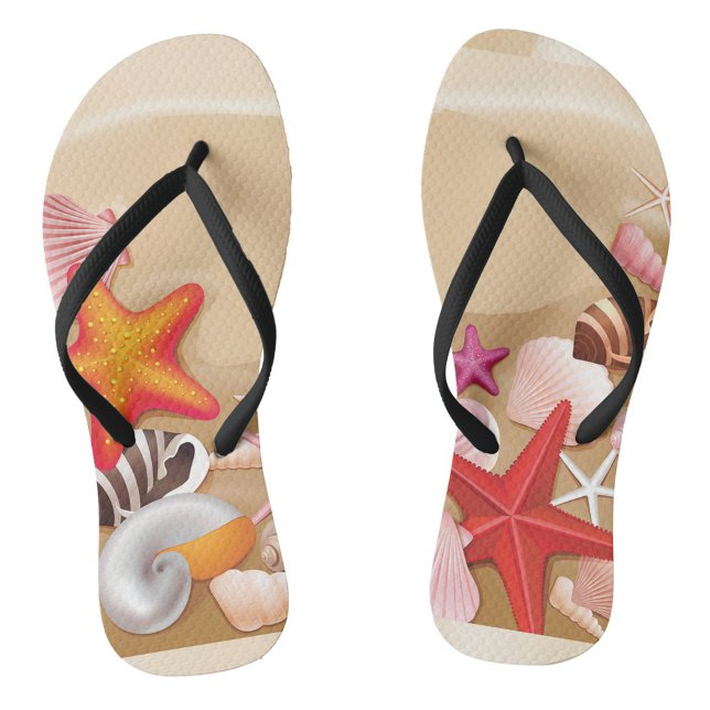 Starfish Flip Flops (A vibrant arrangement of seashells and starfish on a sandy beach background.  )