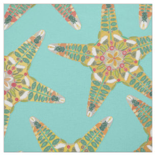starfish flowers blue fabric