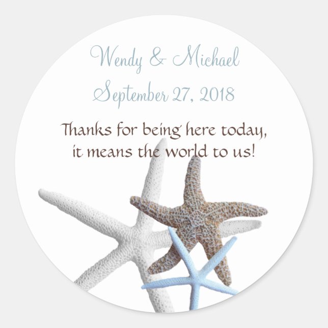 Starfish Gathering Round Wedding Favour Labels (Front)