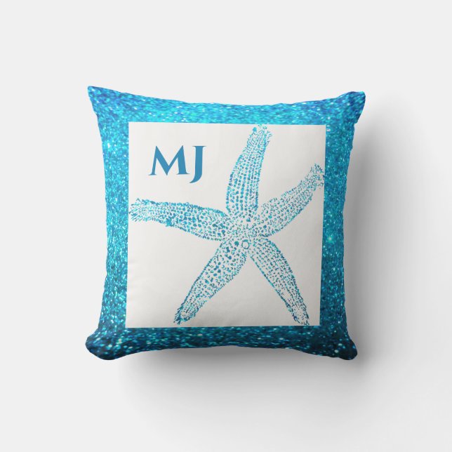 Starfish Glittery Teal Blue Monogram Initials Cute Cushion (Front)