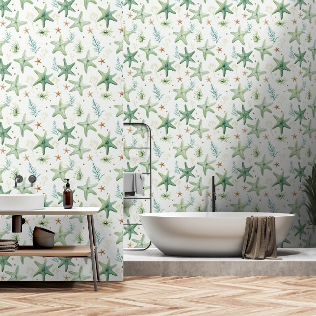 Starfish green watercolor seamless pattern beach wallpaper (Bathroom)