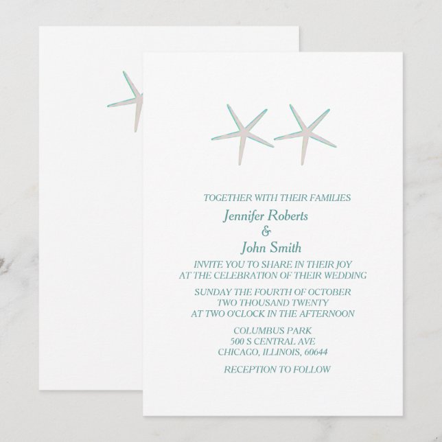 Starfish Grey Teal White Elegant Nautical Wedding Invitation (Front/Back)