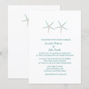 Starfish Grey Teal White Elegant Nautical Wedding Invitation