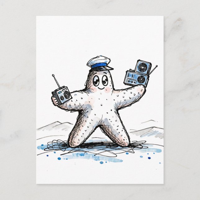 Starfish Grooving with Radios in Coastal Ink Illus Postcard (Front)