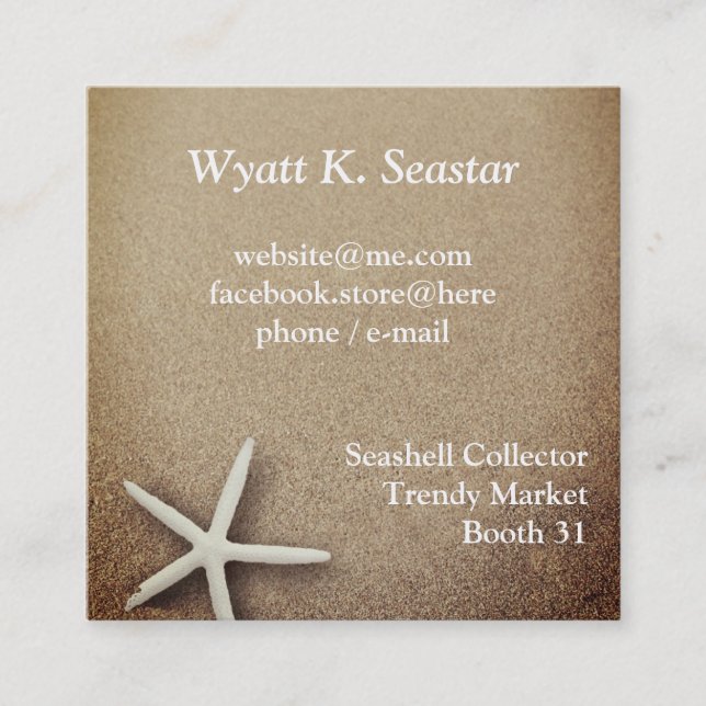 Starfish in Sand Coastal Beach Square Business Card (Front)