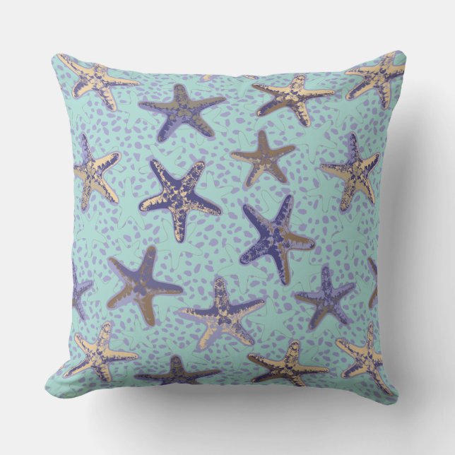 Starfish in the Sand Teal Throw Pillow (Front)