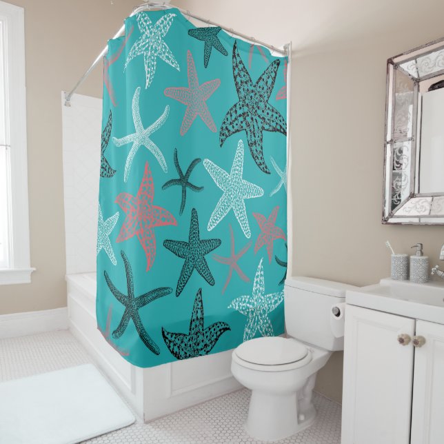 Starfish in Turquoise Sea Shower Curtain (In Situ)
