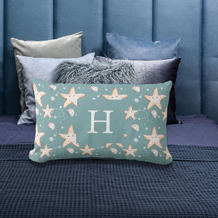 Starfish jellyfish green dark cyan monogram lumbar cushion