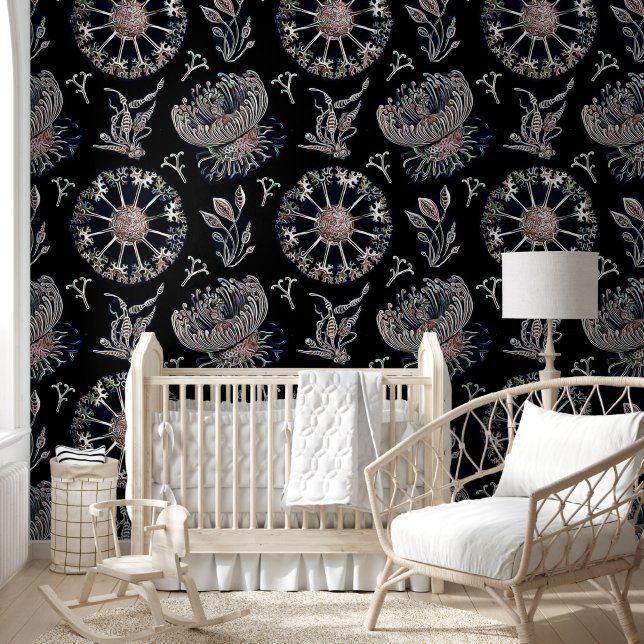 Starfish Jellyfish Seaweed Black Pattern Wallpaper (Kids)