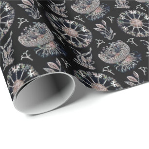 Starfish Jellyfish Seaweed Black Pattern Wrapping Paper