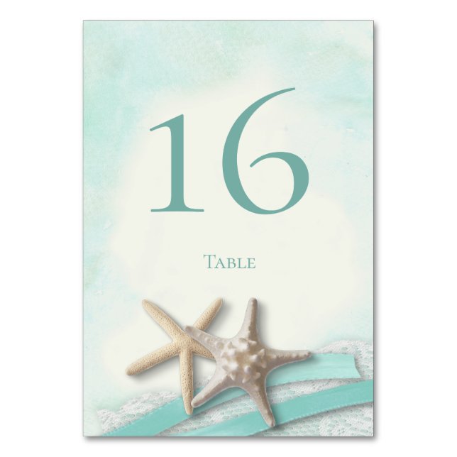 Starfish Lace and Aqua Ribbon Table Number Card (Back)