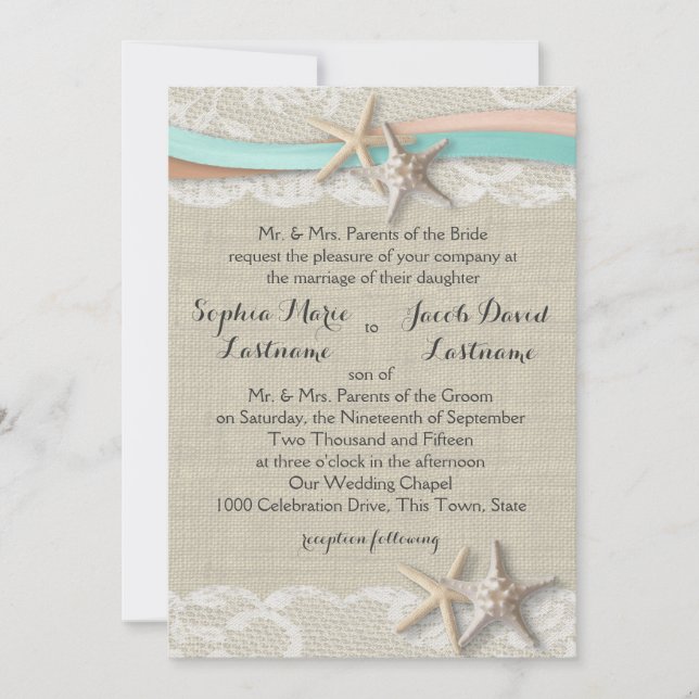 Starfish Lace and Ribbon Invitation (Front)