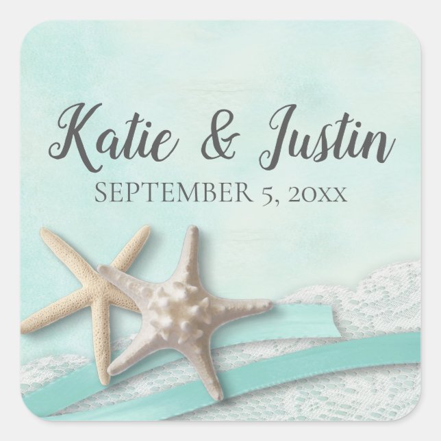 Starfish Lace and Ribbon Romantic Beach Wedding Square Sticker (Front)