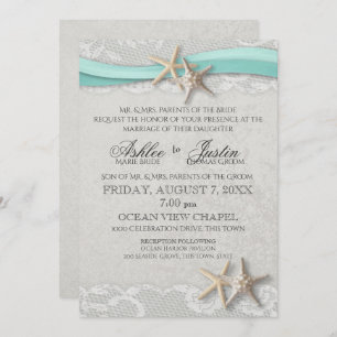 Starfish Lace Grey and Aqua Wedding Invitation