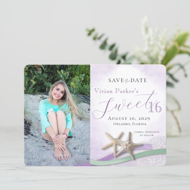 Starfish Lace Sweet 16 Save the Date with Photo (Standing Front)