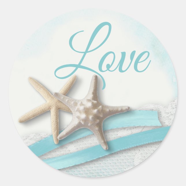 Starfish Love Ocean Blue Ribbon and Lace Classic Round Sticker (Front)