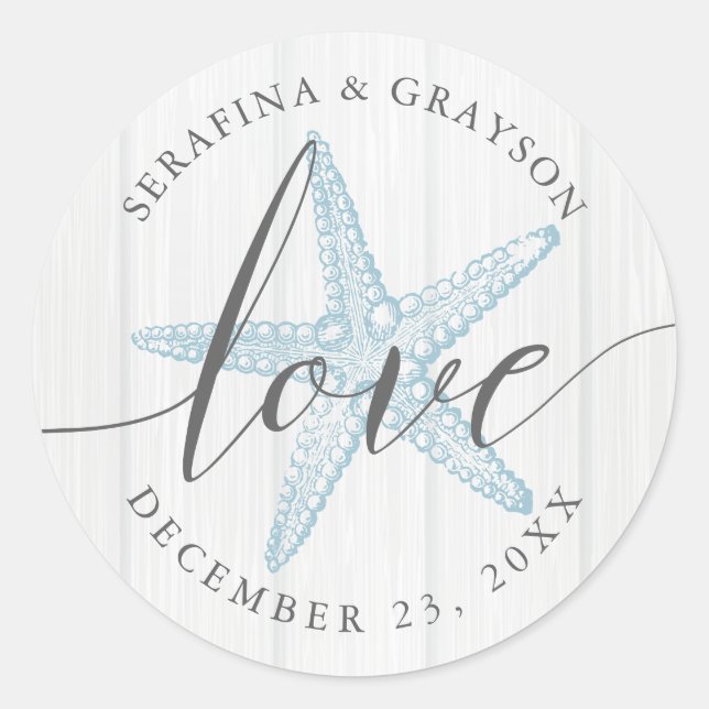 Starfish Love Rustic Wood Blue Beach Wedding Favou Classic Round Sticker (Front)