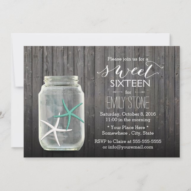Starfish & Mason Jar Wood Background Sweet 16 Invitation (Front)