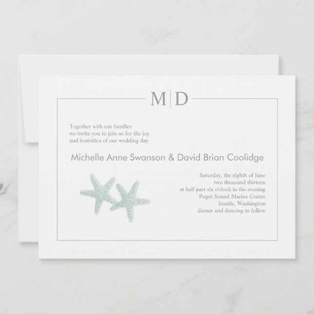 Starfish Monogram Wedding Invitation + Mint (Front)