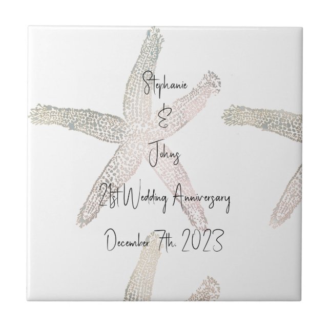 Starfish Monograms 21st Wedding Anniversary Custom Tile (Front)