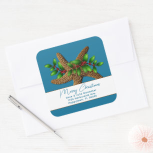 Starfish n Holly Blue Christmas Return Address Square Sticker