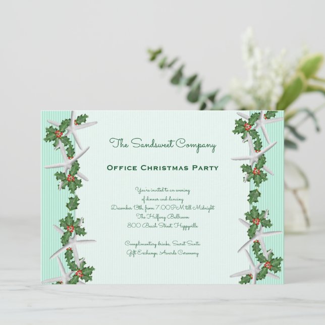 Starfish n Holly Borders Office Christmas Party Invitation (Standing Front)
