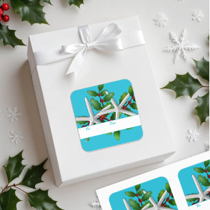 Starfish n Holly Christmas Gift Stickers Aqua