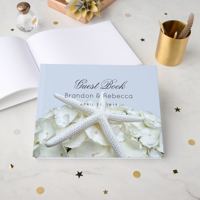 Starfish n Hydrangea Light Blue Wedding Guest Book (Front Open)