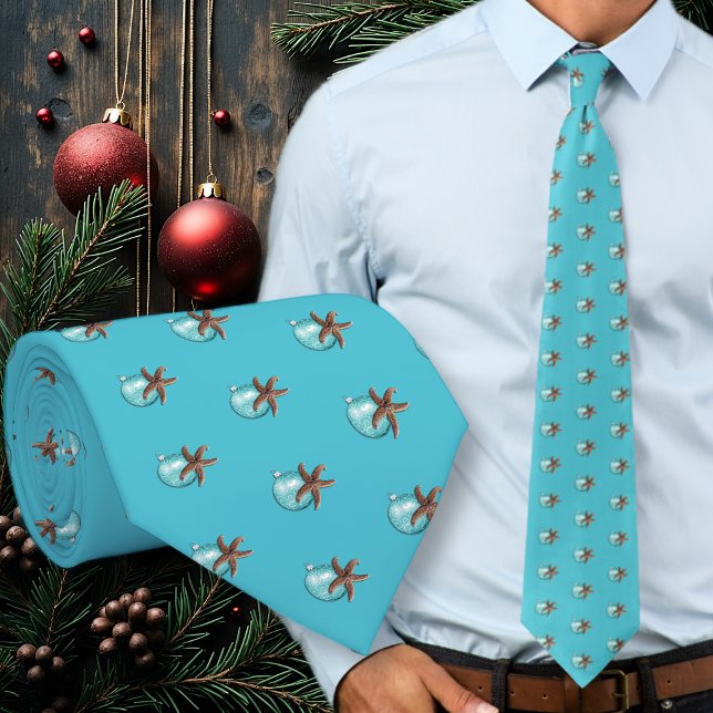 Starfish n Ornament Aqua Blue Christmas Tie (Creator Uploaded)