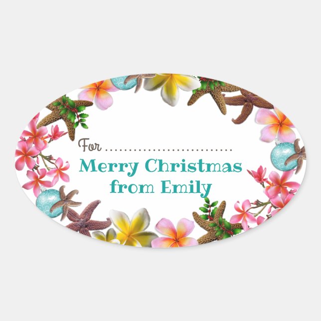 Starfish n Plumeria Flowers Christmas Border Oval Sticker (Front)