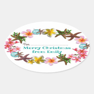 Starfish n Plumeria Flowers Christmas Border Oval Sticker
