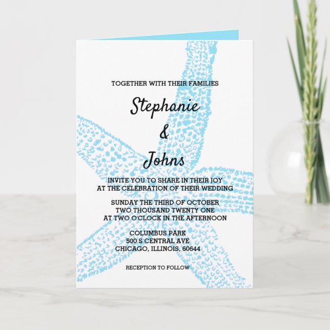 Starfish Nautical Blue White Beach 2024 Wedding Invitation (Front)
