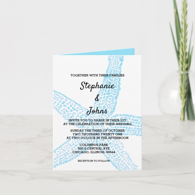 Starfish Nautical Blue White Beach Cool Wedding Invitation (Front)