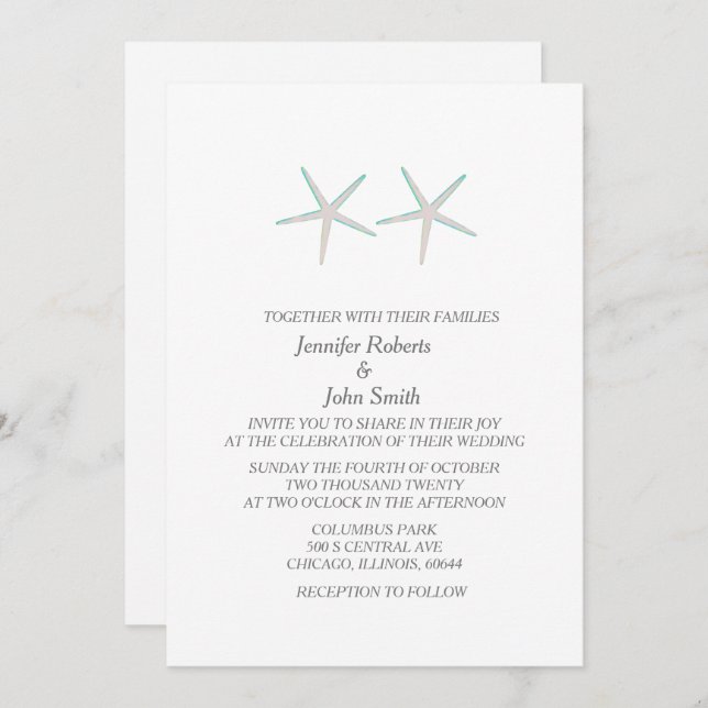 Starfish Nautical Grey Teal White Elegant Wedding Invitation (Front/Back)