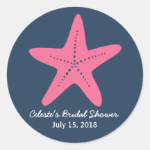 Starfish Nautical Round Sticker, Navy Blue Pink