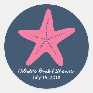 Starfish Nautical Round Sticker, Navy Blue Pink Classic Round Sticker